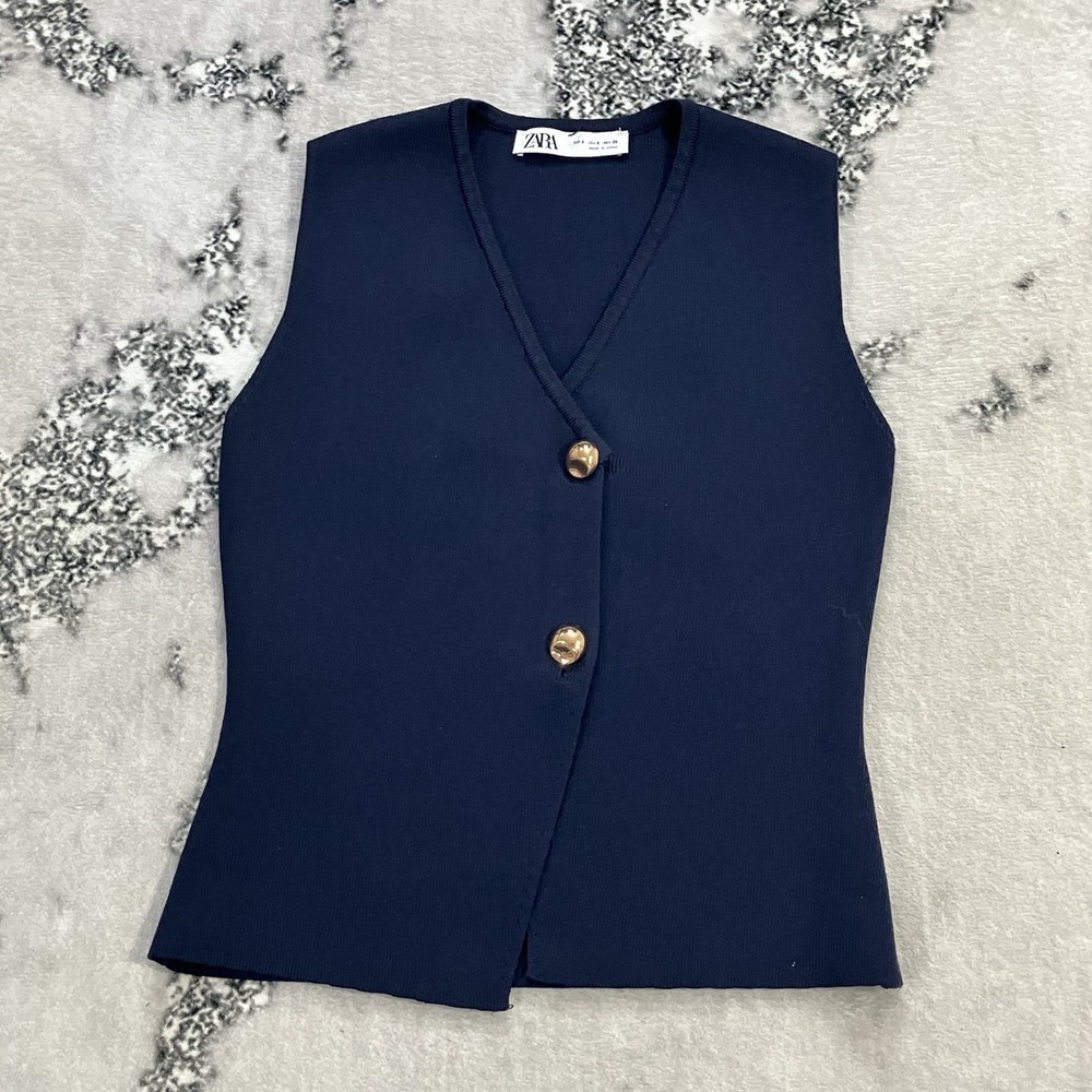Zara Knit Vest Womens Small‎ Navy Blue Gold Button Sleeveless Sweater Top